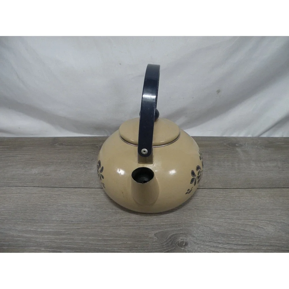 Enamel Tea Kettle Tan Beige Black Floral Stovetop Teapot style